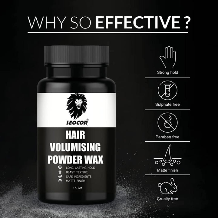 Hair Volumizing Powder Wax - 24-Hour Hold, Matte Finish, Zero Toxins (15gm) - Leocor