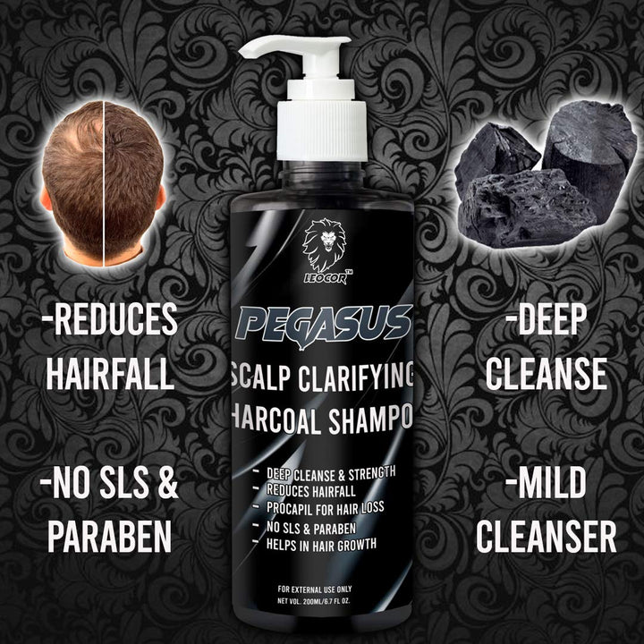 Leocor PEGASUS Deep Cleanse Activated Charcoal Shampoo - SLS & Paraben Free, Procapil Infused Anti Hairfall (200ml) - Leocor