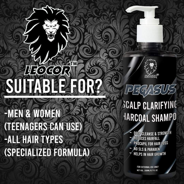 Leocor PEGASUS Deep Cleanse Activated Charcoal Shampoo - SLS & Paraben Free, Procapil Infused Anti Hairfall (200ml) - Leocor