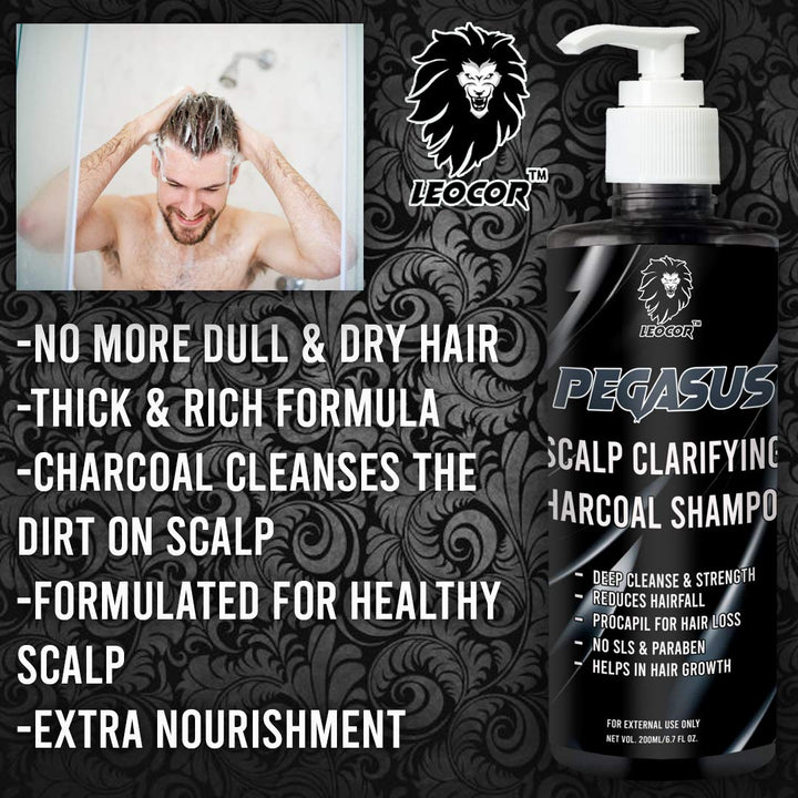 Leocor PEGASUS Deep Cleanse Activated Charcoal Shampoo - SLS & Paraben Free, Procapil Infused Anti Hairfall (200ml) - Leocor